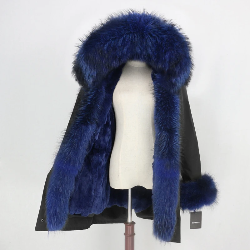 black light blue OFTBUY Водонепроницаемая парка зимняя куртка женская шуба из натурального меха енота воротник капюшон Подкладка из натурального кроличьего меха уличная одежда - Цвет: black light blue