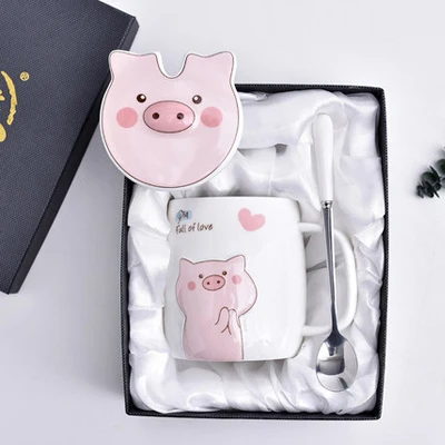 gift box A Креативная Милая поросенок керамическая кружка мультяшная чашка с крышкой чайная и кофейная ложка кружка керамические кружки и чашки Посуда для студентов лучший подарок - Цвет: gift box A
