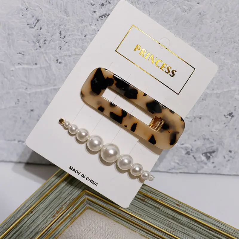 

Korea Imitation Pearl Hair Clips Acetic Acid Leopard Hairpin Geometric Rectangle Water Drop Hair Clips Women Hair Accessories