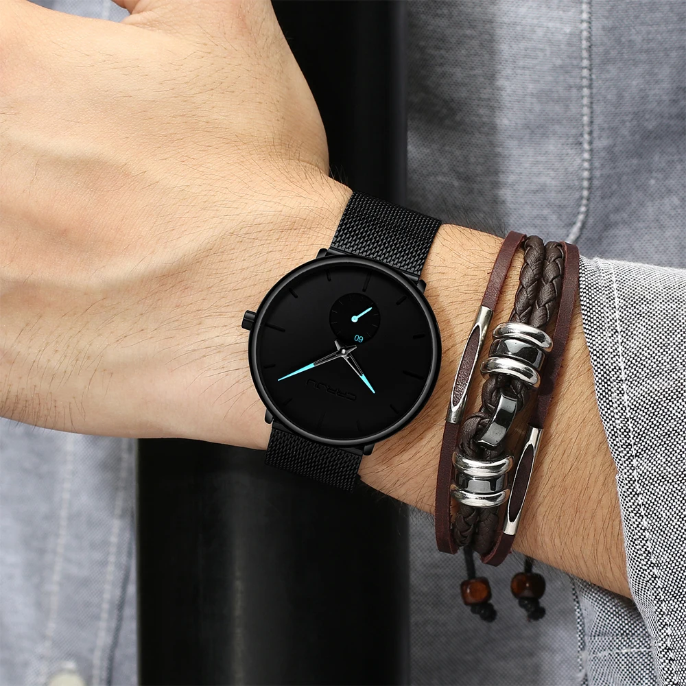 

Minimalist Style Gentlemen's Watch Fashion Analog Quartz Black Wristwatches CRRJU Slim Stainless Steel Mesh Watch Reloj Hombres