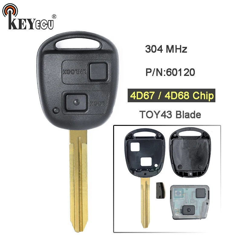 Запасной 2-кнопочный дистанционный ключ KEYECU 304 мгц 4D67 / 4D68 для Toyota Prado 120 2002-2004 |