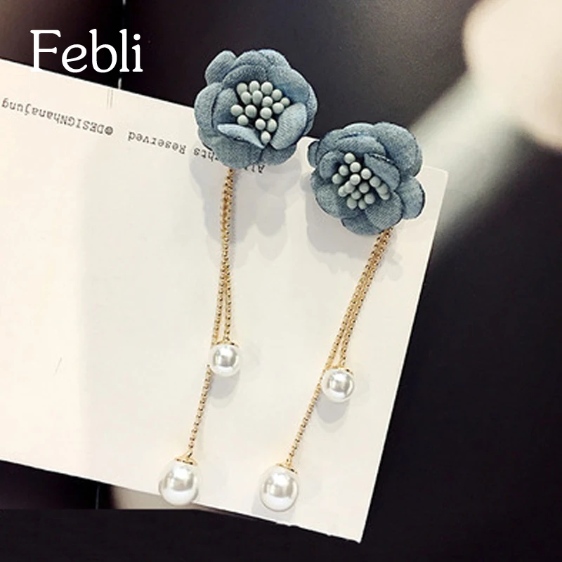 Febli Мода Длинные кисточкой Серьги с красивыми цветами и имитация жемчуга для Для