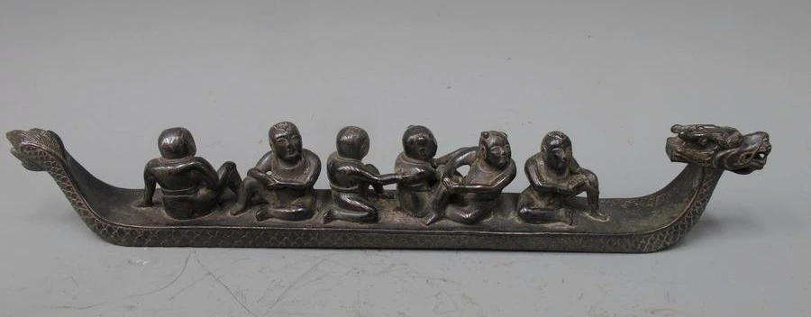

China Classical feng shui Decor Six child on Dragon boat pure Bronze statue
