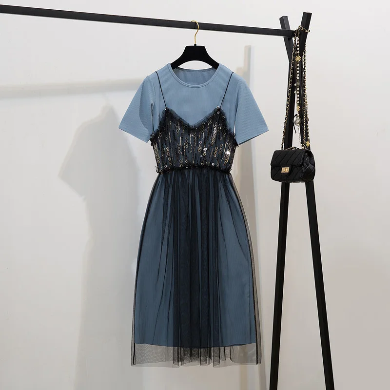 light blue Летнее Длинное Платье, расшитое блестками, женская сексуальная белая футболка, два предмета, Сетчатое платье с поясом размера плюс, повседневное вечернее платье vestidos - Цвет: light blue