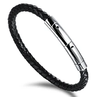 simple genuine leather knitted man bracelets bangles punk style stainless steel double safety clasp cool men jewelry