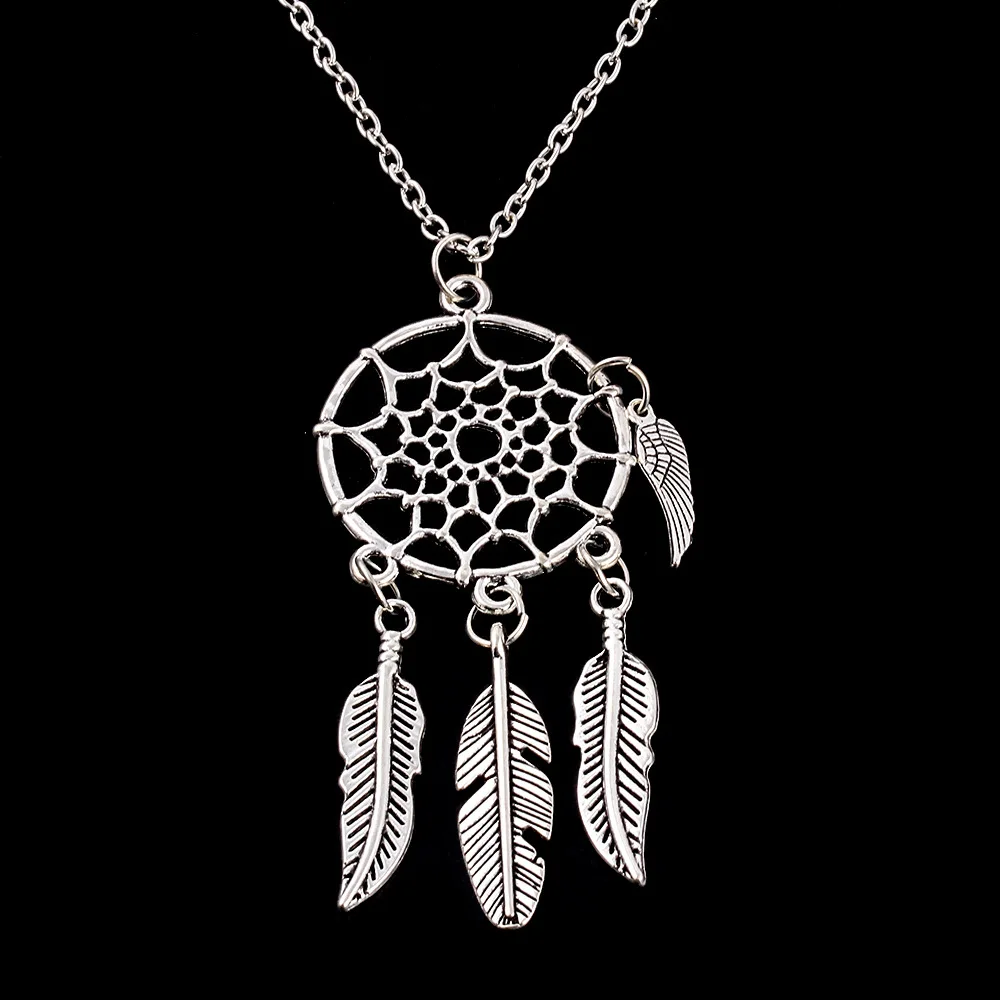Полые ретро древний серебряный Dream Catcher/Листья Цепочки и ожерелья чешские синий