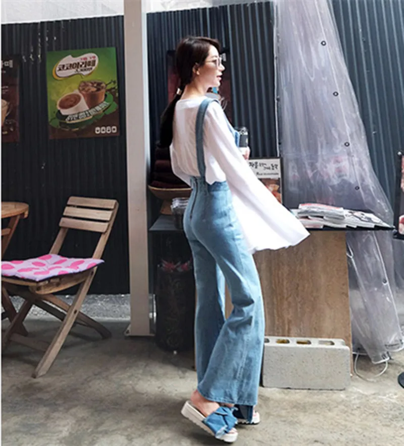 Комбинезон женский джинсовый с эффектом потертости пикантный узкий длинный