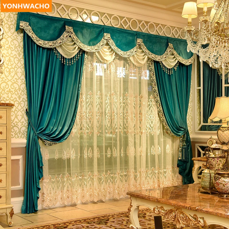 

Custom curtains high grade European luxury modern blue thick France velvet cloth blackout curtain tulle valance drapes N969