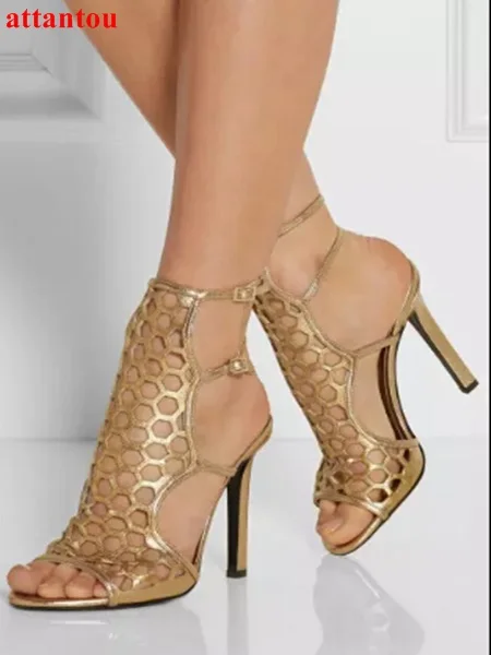 

Summer Women Chic Gold Cutout Metallic Leather Sandals High heels Cut Gladiator Cage Dress Shoes With Buckle Strap