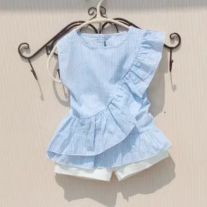 Повседневная Блузка для девочек, Новое поступление, летние однотонные белые блузки, хлопковые красные рубашки без рукавов с оборками, рубашка в синюю полоску для подростков