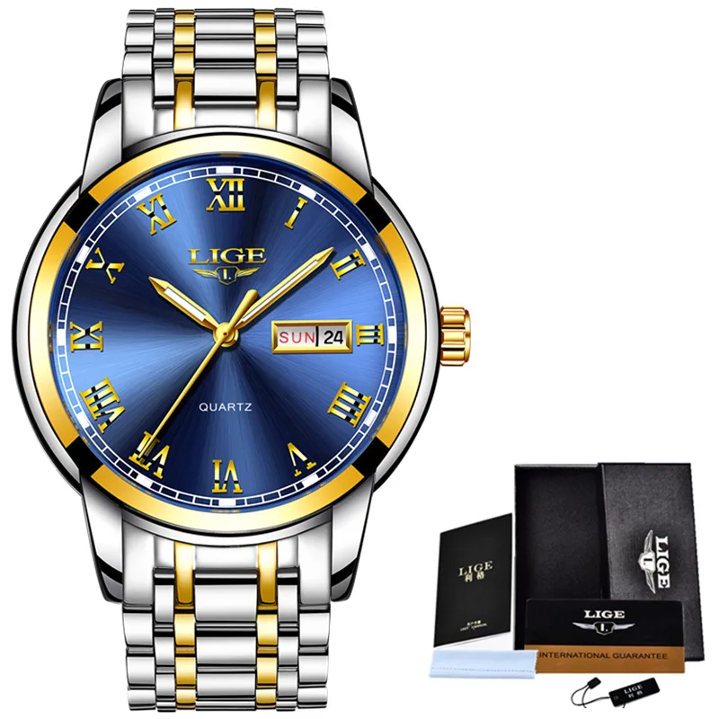 Steel Gold Blue LIGE часы мужские модные спортивные Кварцевые полностью стальные золотые деловые мужские s часы Лидирующий бренд Роскошные водонепроницаемые часы Relogio Masculino - Цвет: Steel Gold Blue