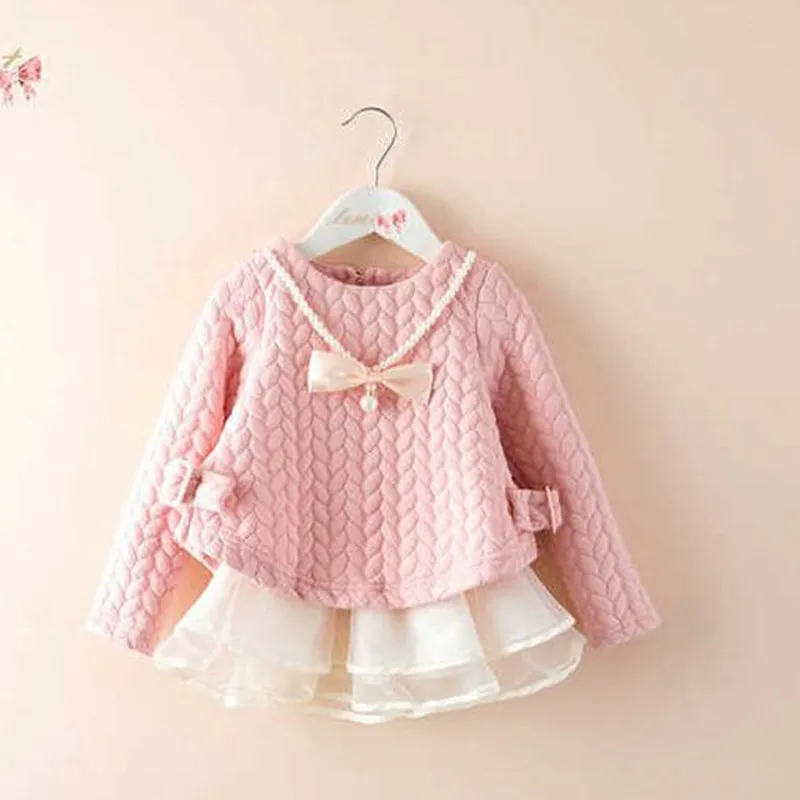 

Girls Dress Fall autumn Long sleeve Tutu dress Children Clothes Casual Wear dress Baby Cute fashion bow dress with NecklaceDR073