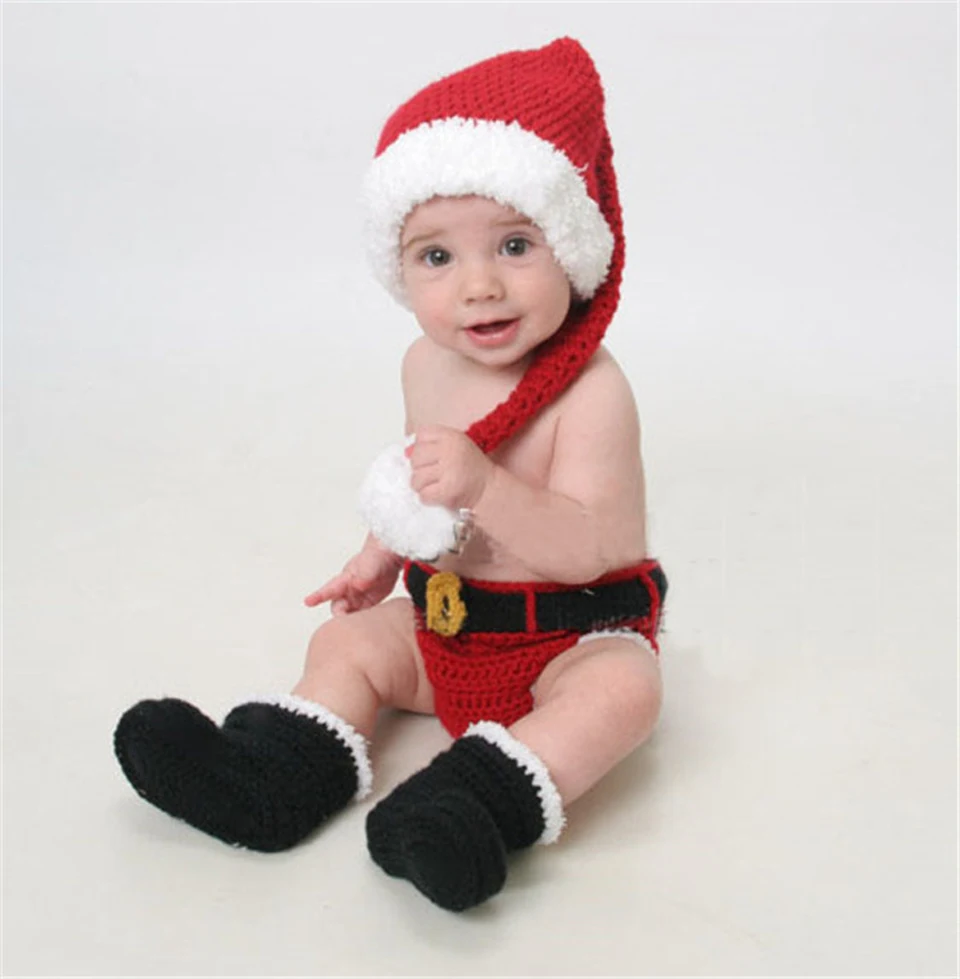 Moeble Newborn BABY Crochet Santa Clause Photography Props Three Piece Set for babies Knitted Infant Boy Photo | Детская одежда и