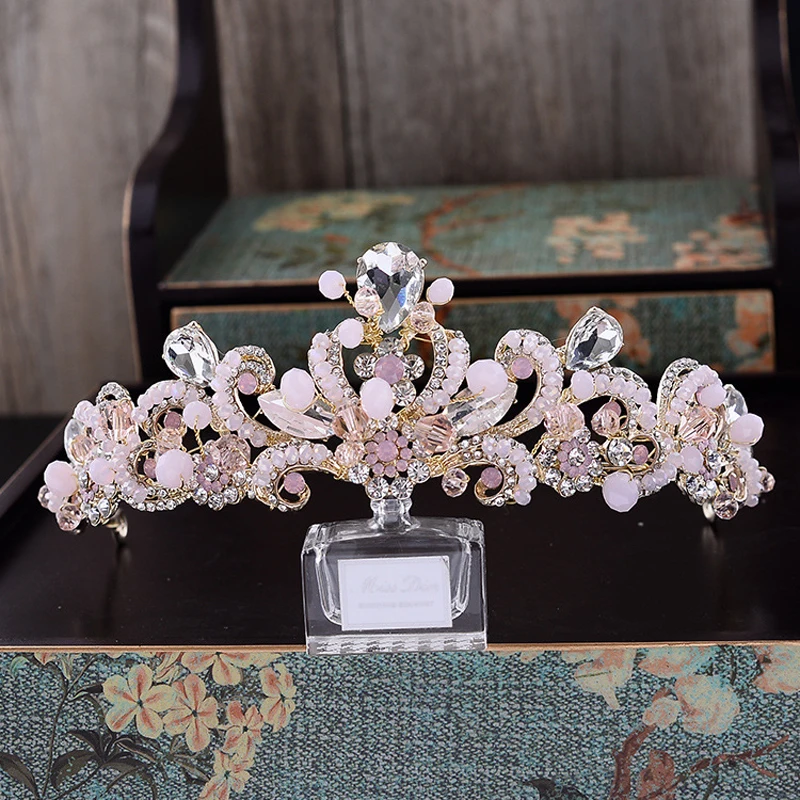 

Sweet Pink Crystal Bridal Headpiece Chain Wedding Rhinestone Flowers Tiara Crown Headband Gold Color Bridesmaid Hair Jewelry
