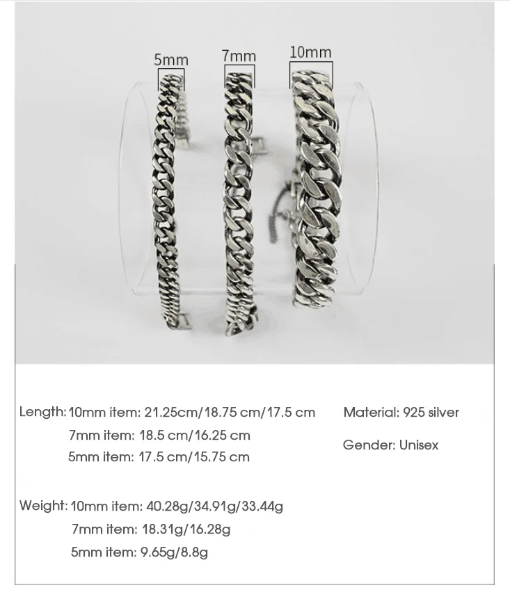 

F.I.N.S Vintage 925 Sterling Silver Bracelets for Men Women Fashion Bracelet Hand Retro Punk Chain Link Charm Bracelet Silver