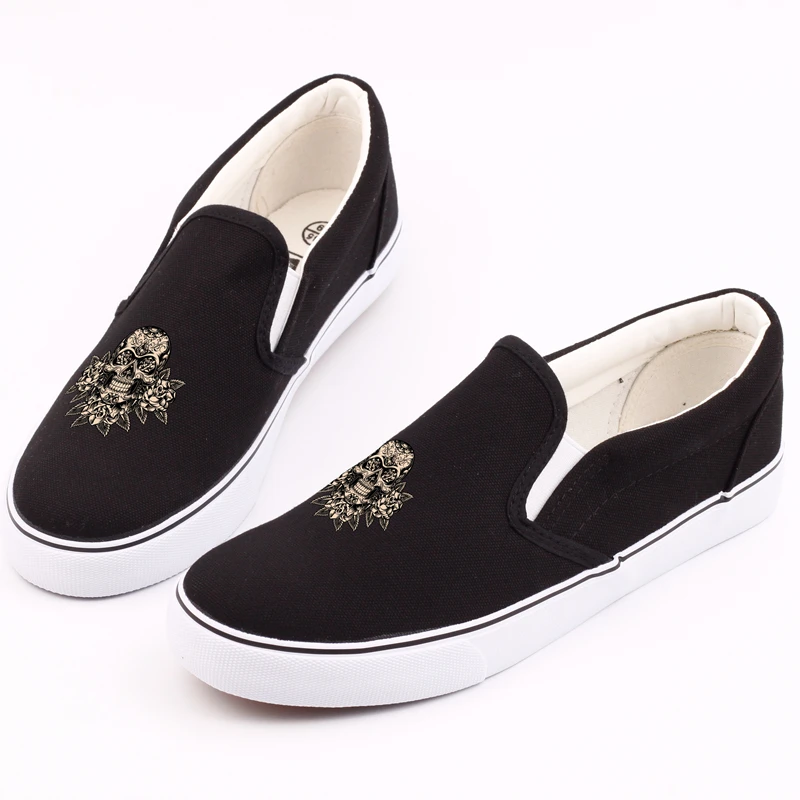 E-LOV Low Top Men Flat Canvas Shoes Graffiti Skeleton Head Cool Slip On Loafers Print Skull Tenis Espadrilles | Обувь