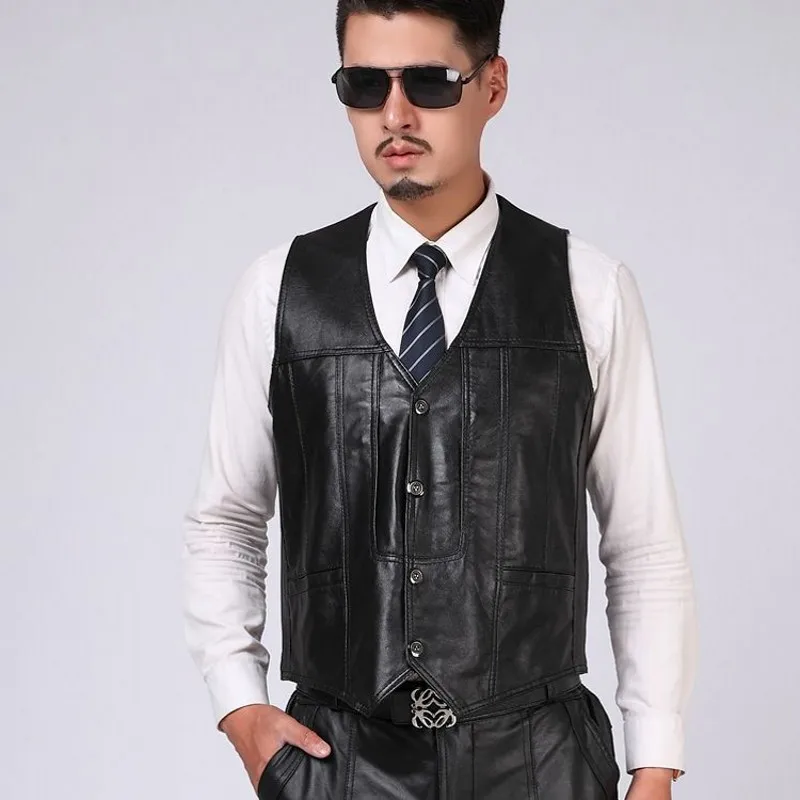 

Mens Outside Pescar Padded Vest Pockets Photography Waistcoat Plus Size 5XL Male Genuine Leather Business Work Slim Jacket Coat
