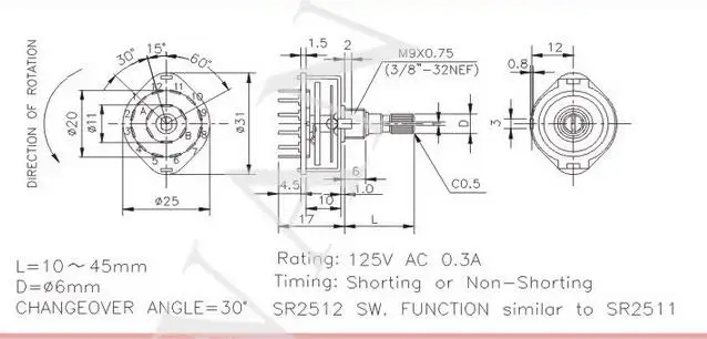 2 шт./лот Taiwan ALPHA Alfa SR2512F 0204 вращающийся переключатель ножа 4 зубчатых вала длина 20