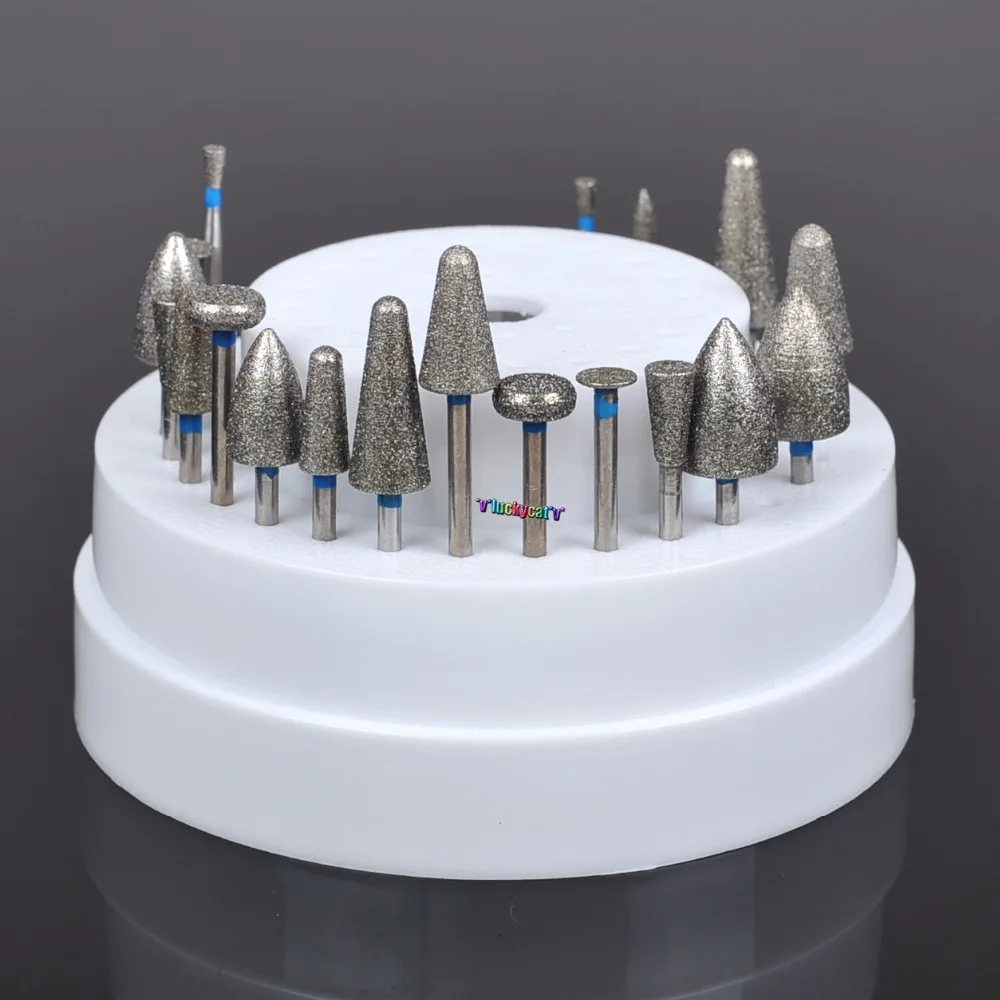 Dental Lab Assorted Diamond Burs Millers Tooth Drill Jewelers 2.35mm 20pcs +1pc 60 Hole Holder Block