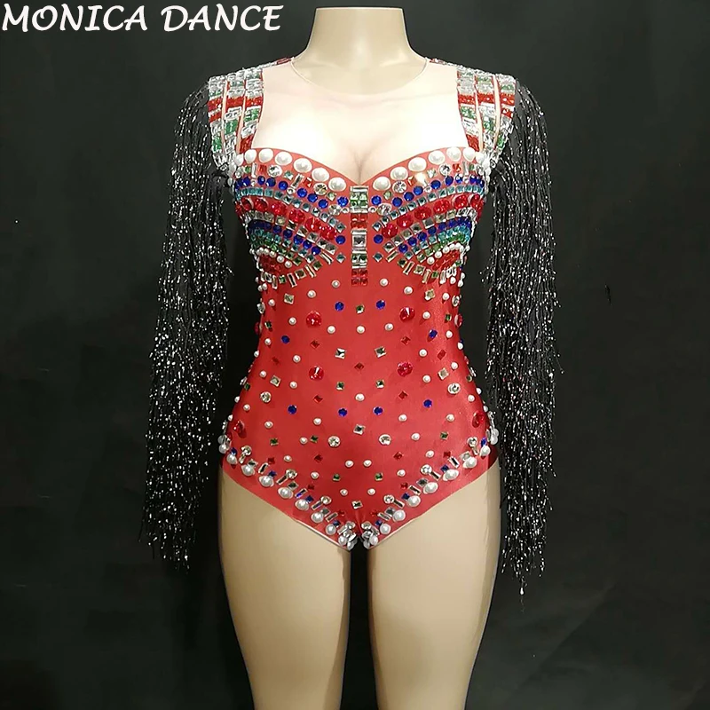 Women Sexy Red Bodysuit Full Colorful Sparkling Crystals Pearls Nightclub Birthday Party Wear Dancer Singer Bling Dance Costumes