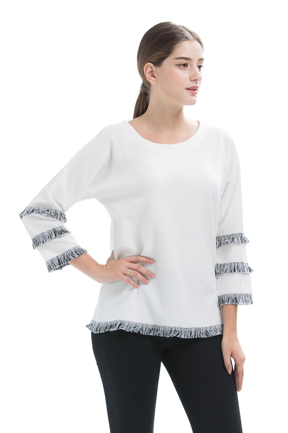 Для женщин Повседневное белая футболка модные Дизайн с длинным рукавом О