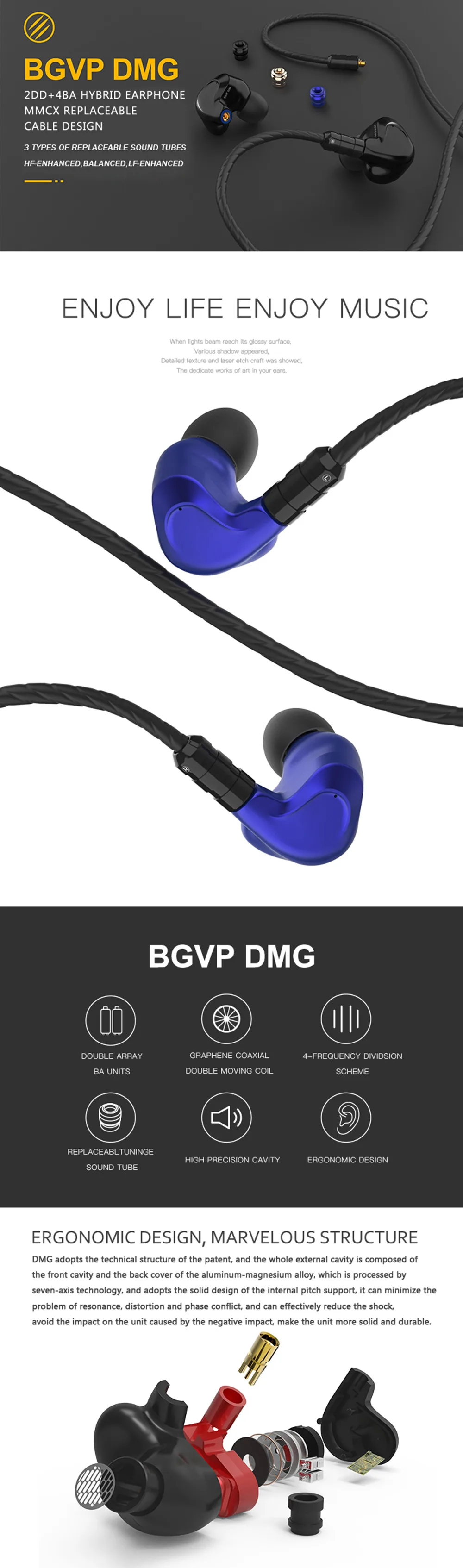 BGVP DMG 2DD+ 4BA Гибридный наушник-вкладыш металлический высококачественный монитор со съемным кабелем MMCX и тремя насадками