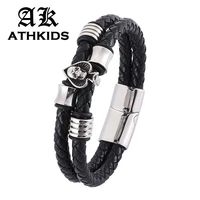 punk woven leather bracelet men skull stainless steel magnetic buckle double layer braided bracelets jewelry gifts pd0339