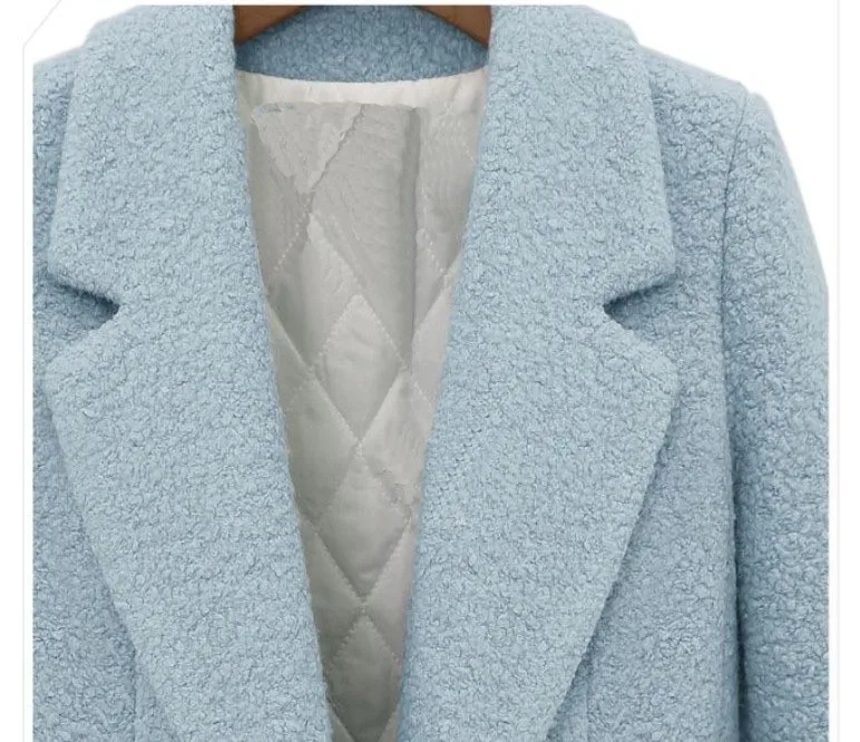 Женское шерстяное пальто простое длинное из твида бирюзового синего и белого