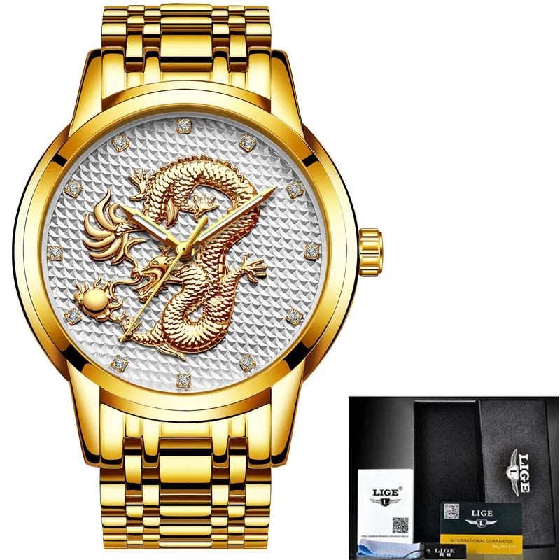 Steel all gold white Новинка, Брендовые мужские часы LIGE, модные спортивные военные кварцевые мужские часы из нержавеющей стали, водонепроницаемые золотые часы, мужские часы - Цвет: Steel all gold white