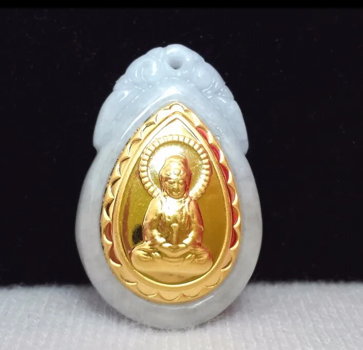 

New Pure 24k Yellow Gold 100% Natural /Jadeite Kuan-Yin Pendant