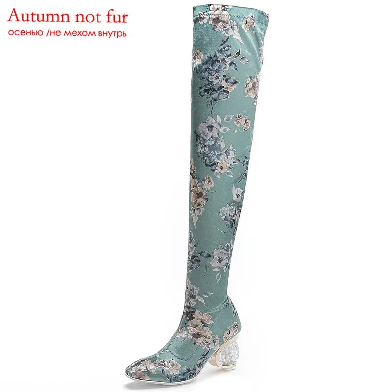 Light blue not fur MORAZORA/Новинка года; Сапоги выше колена; женские шелковые осенние сапоги на высоком каблуке; вечерние и свадебные туфли с круглым носком; женские эластичные сапоги - Цвет: Light blue not fur