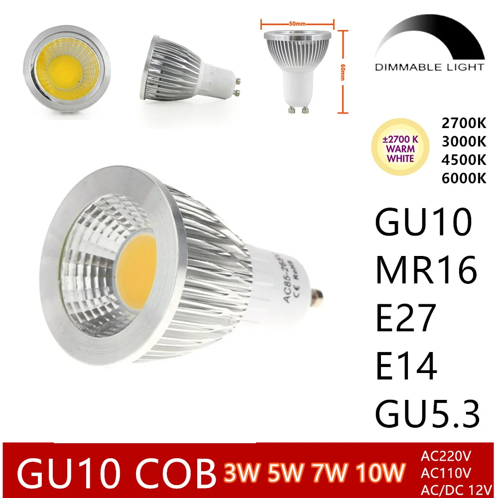 10pcs GU10 Cob Dimmable LED Bulb E27 E14 Mr16 Spotlight 3w 5w 7w 10w Warm White 2700k 3000k Real Power Halogen