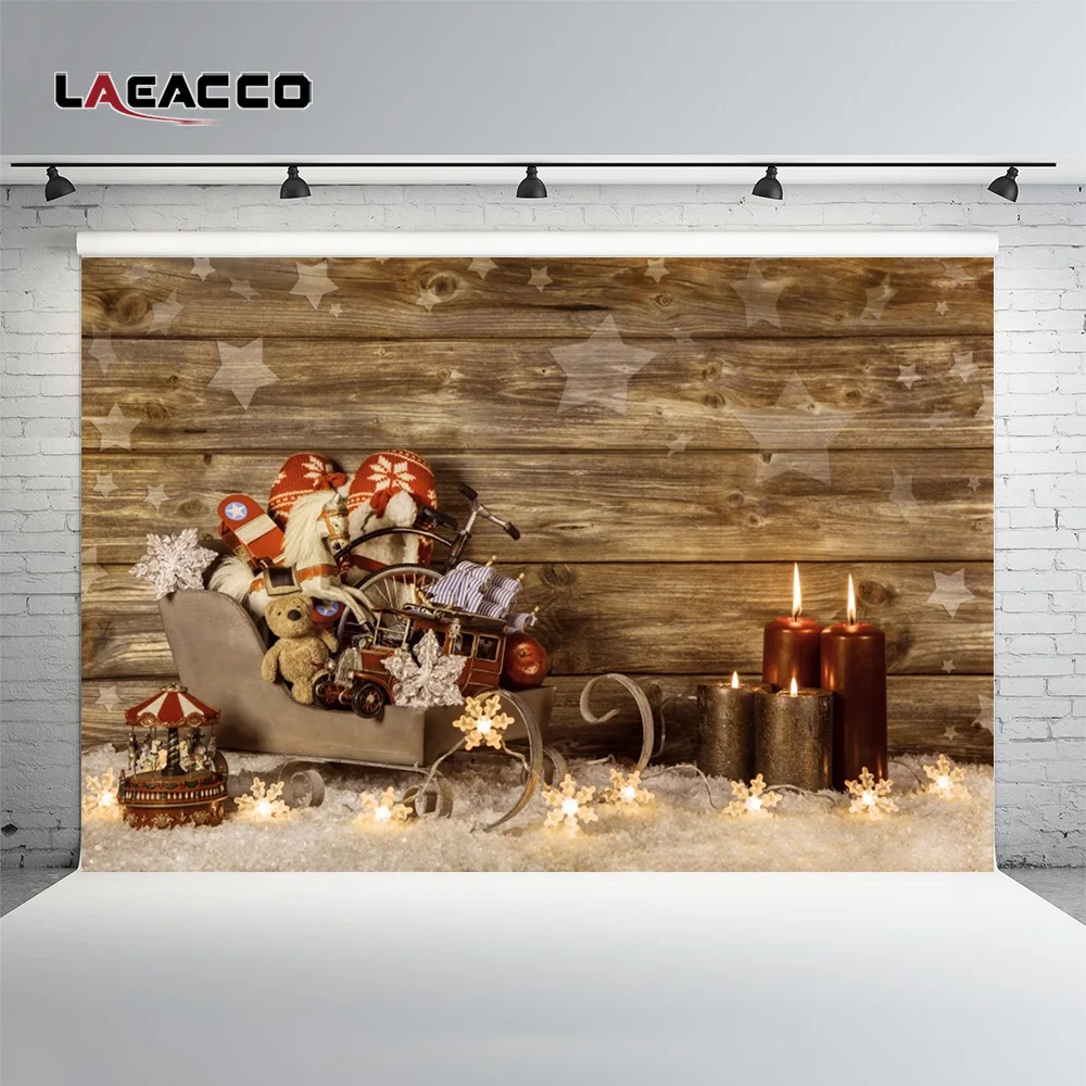 Рождественский Фотофон Laeacco с деревянной доской со звездочками и снегом свеча
