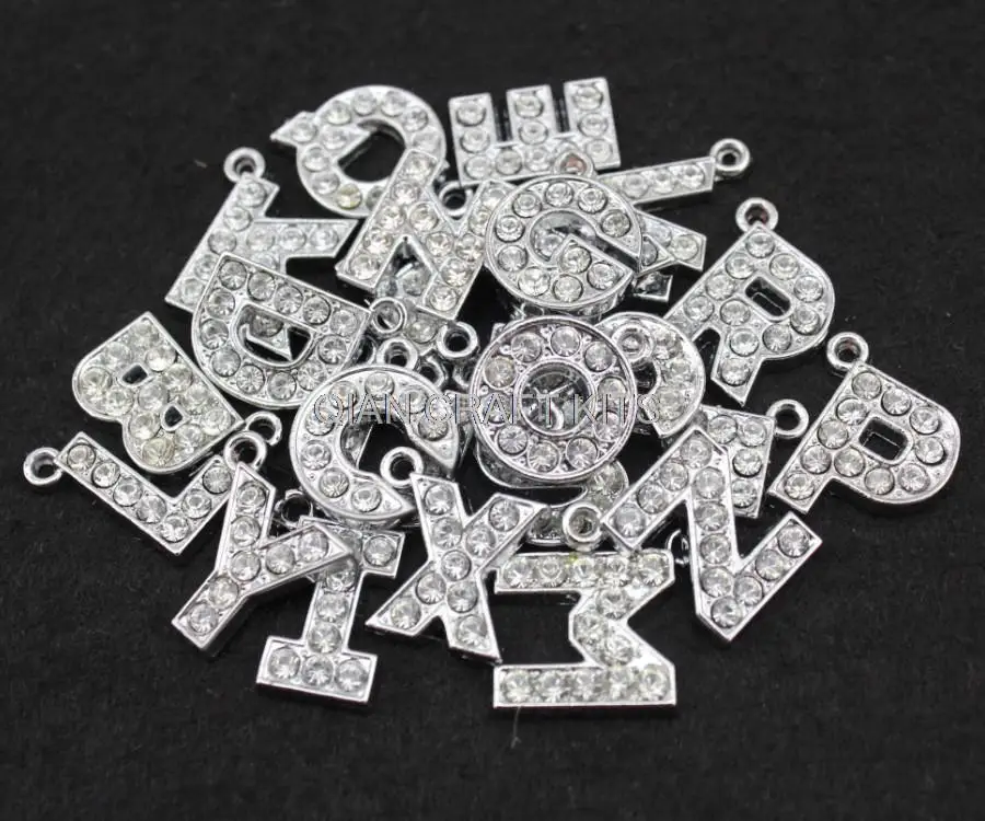 

set of 26 pcs stainless steel shiny polished rhinestone paved Alphabet Letter rhodium color pendants DIY kits (from A to Z)