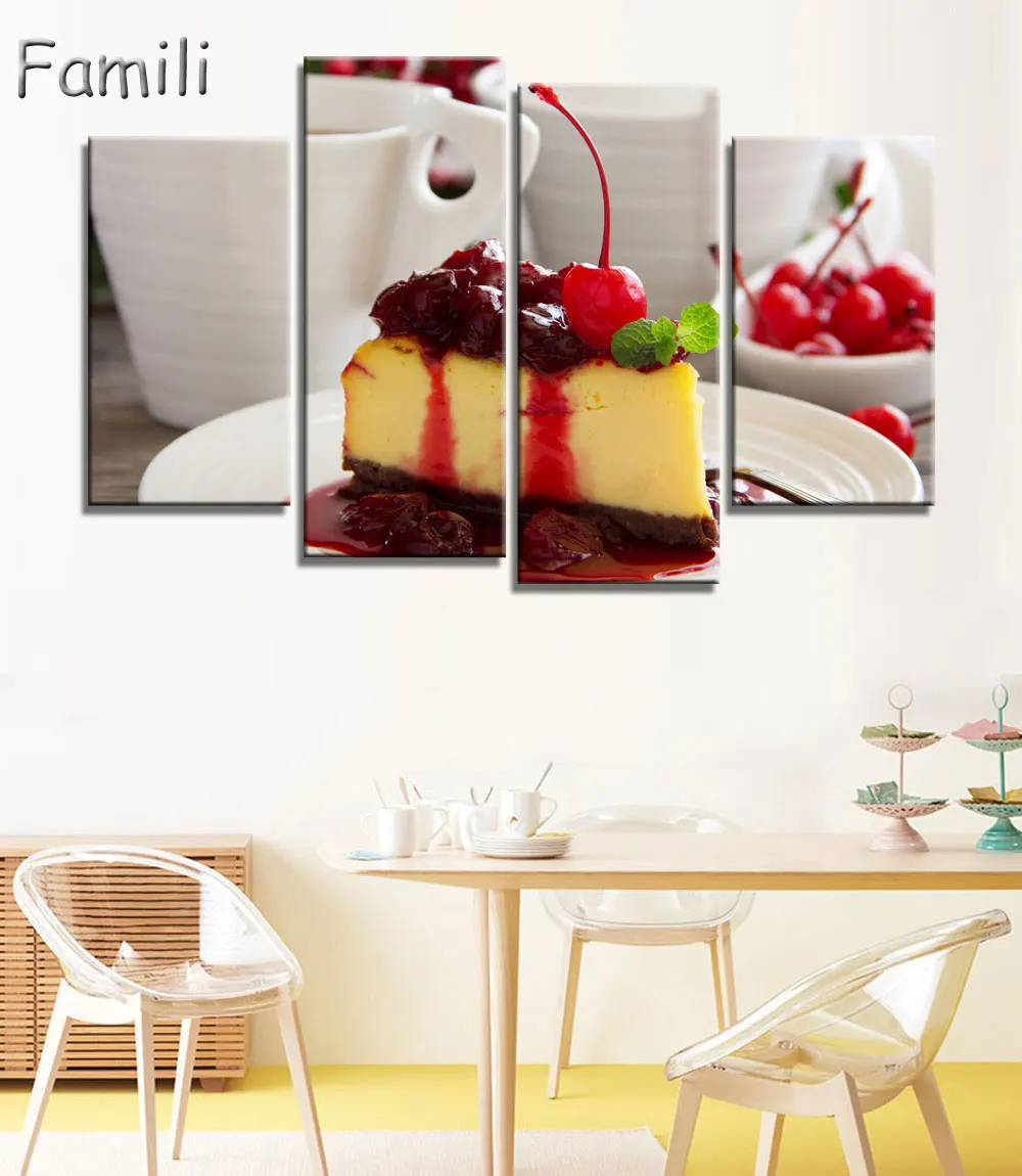 4 панели Современная мультяшная Картина на холсте с фруктами клубникой мороженым