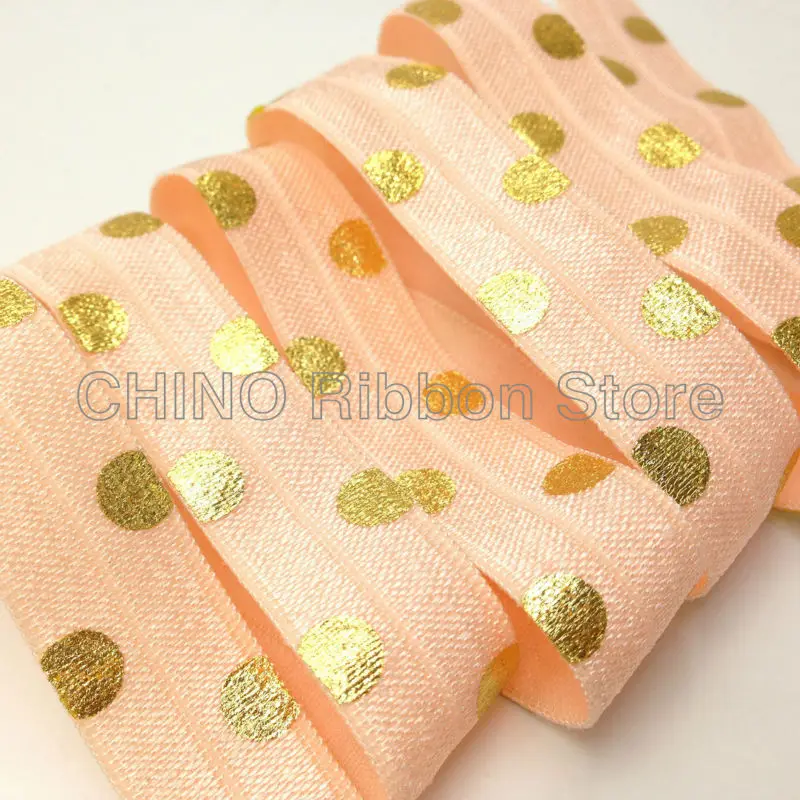 

10 Yards 5/8" Peach Polka Dot Print Fold Over Elastic FOE Elastic Hair Tie Ribbon for DIY Headwear Hair Accessory