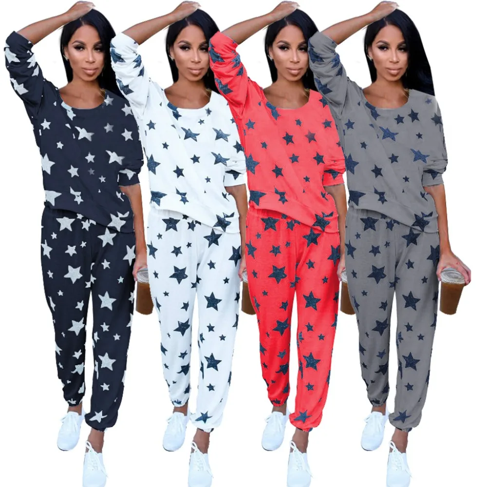 

Women Sets Casual Star Printed Leisure Suit Fashion Lady Tops And Long Pants 2 Pieces Set Women Tracksuit Streetwear 4 Colors