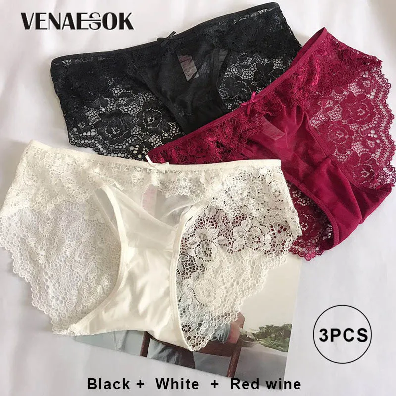 Black White Red wine Женское нижнее белье, кружевные прозрачные сексуальные трусики с низкой посадкой, 3 шт., трусы с выемкой, трусики с вышивкой, белый+ зеленый+ красное вино, XL, L, M, S - Цвет: Black White Red wine