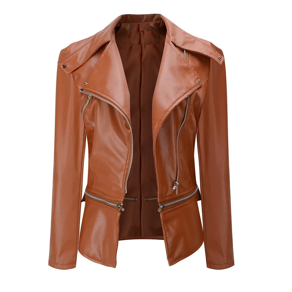 

Nice Autumn Women Faux Leather Jacket Coat Gothic Black Motorcycle Coat Zippers Turn Down Collar Goth PU Leather Jackets