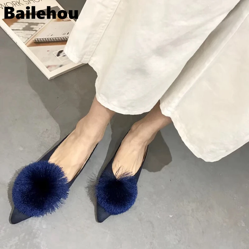 Bailehou/2019 меховые женские шлепанцы с помпонами без задника острым носком