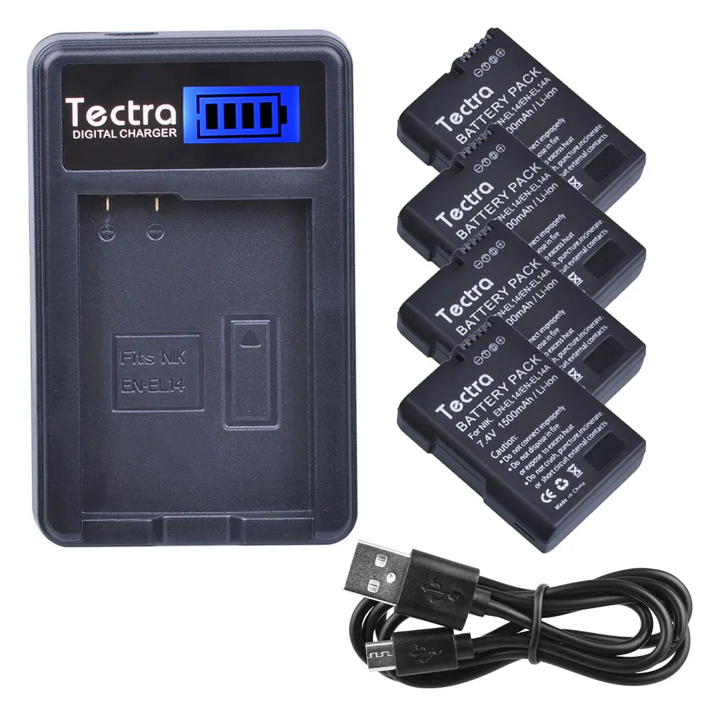 Tectra 4 шт. EN EL14 Аккумулятор для Nikon D3100 D3200 D3400 D3500 D5200 D5600 P7000 P7700 ENEL14 + ЖК USB зарядное