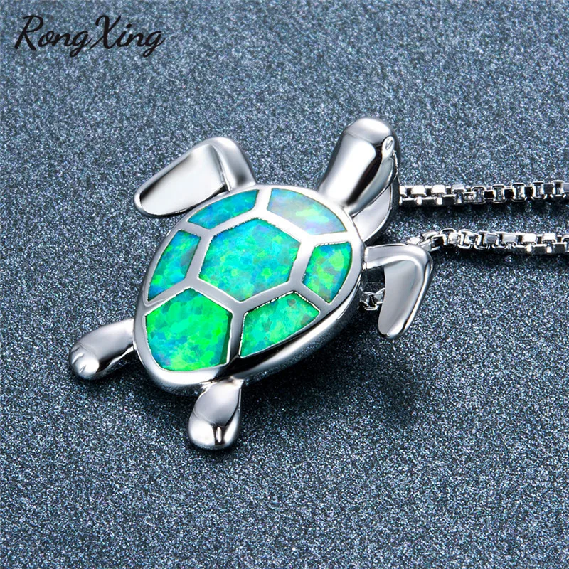 RongXing Lucky Turtle Зеленый Огненный Опал Подвески Ожерелья для женщин Серебряный цвет