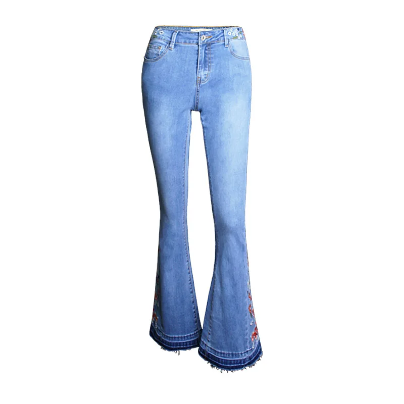 light blue Блестящие джинсы с цветочной вышивкой, женские растягивающиеся расклешенные джинсы больших размеров для женщин, широкие джинсы для девочек, расклешённые джинсовые брюки, Новинка - Цвет: light blue