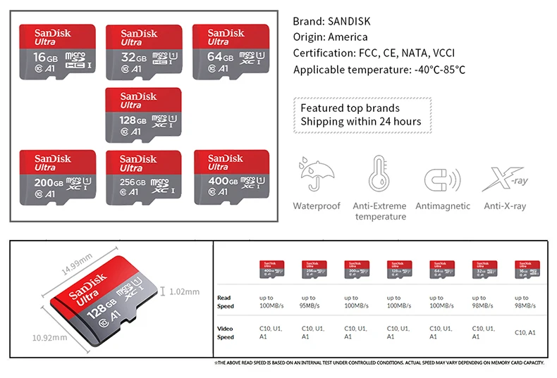 Двойной Флеш-накопитель SanDisk Micro SD карта, 16 ГБ, 32 ГБ, 64 ГБ, 128 ГБ, карта памяти, Макс 98 МБ/с. C10 U1 A1 флеш-карта памяти Micro SD для телефона компьютера SDXC карты памяти SDHC