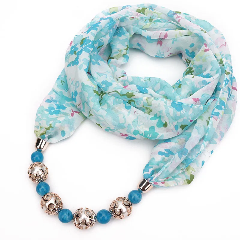 Женский шифоновый шарф ожерелье с цветочным принтом и бусинами|fashion necklace|necklace