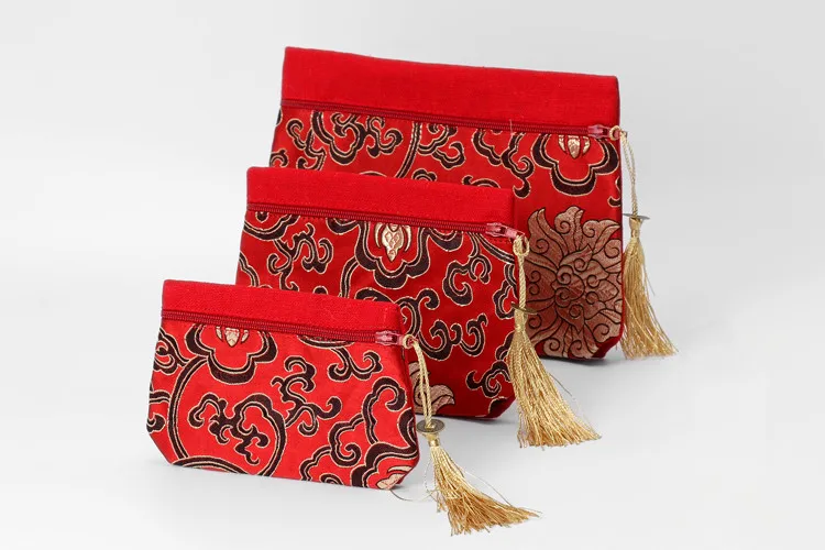 Silk Brocade Large Zipper 3 Sets Bag Travel Jewelry Cosmetic Storage Pouch Tassel Coin Purse Cloth Craft Packaging Makeup Wallet | Украшения