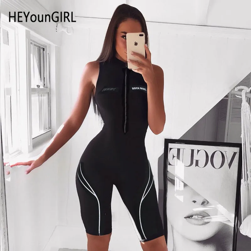HEYounGIRL летний короткий комбинезон без рукавов, женский сексуальный черный облегающий комбинезон, женские повседневные спортивные комбинезоны с принтом