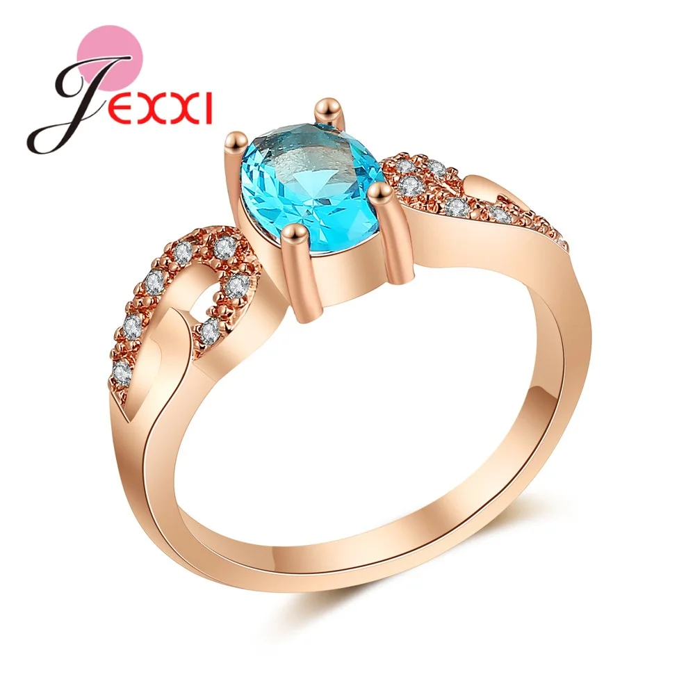 

Classical Water Blue Cubic Zirconia Forever Wedding Rings for Women Rose Gold Color Lovers Ring Jewelry High Quality
