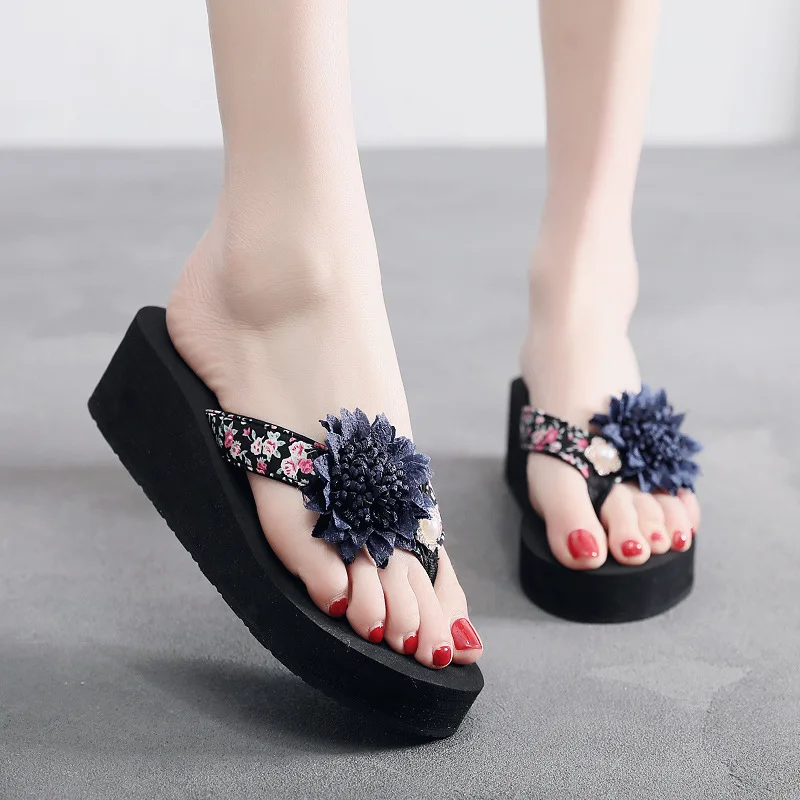 Женские пляжные шлепанцы на танкетке богемный стиль цветочный принт высокий
