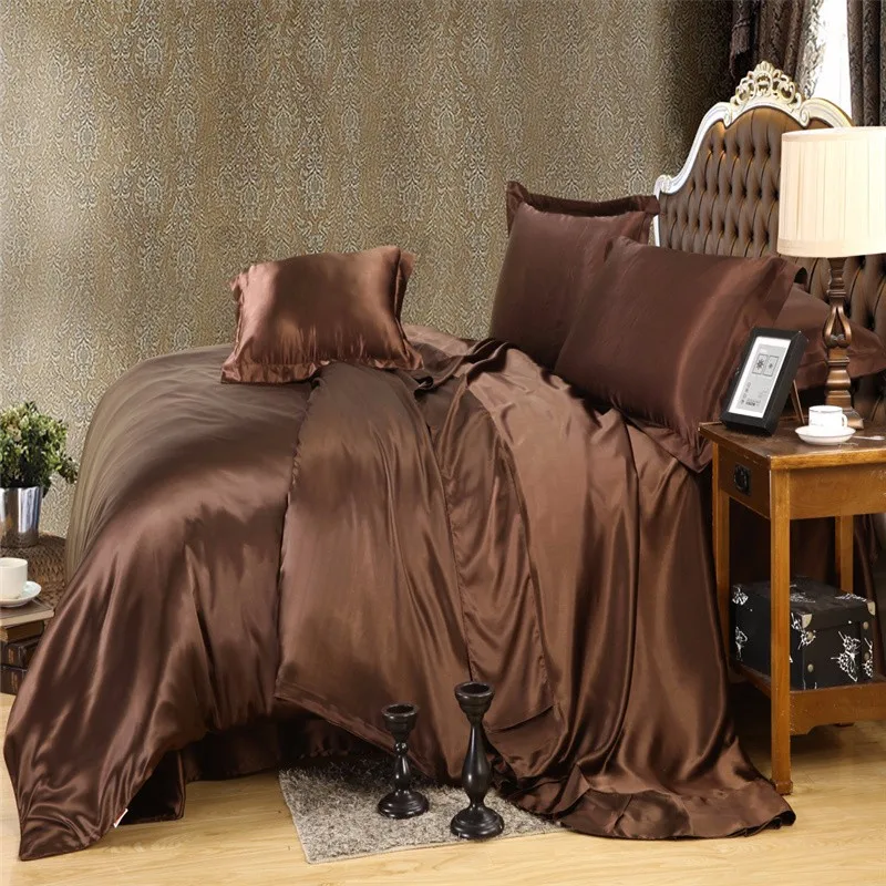 

Brown Gold color Luxury Silk Bedding set King Queen size Solid color brief style duvet cover set bedclothes bed sheet bed linen